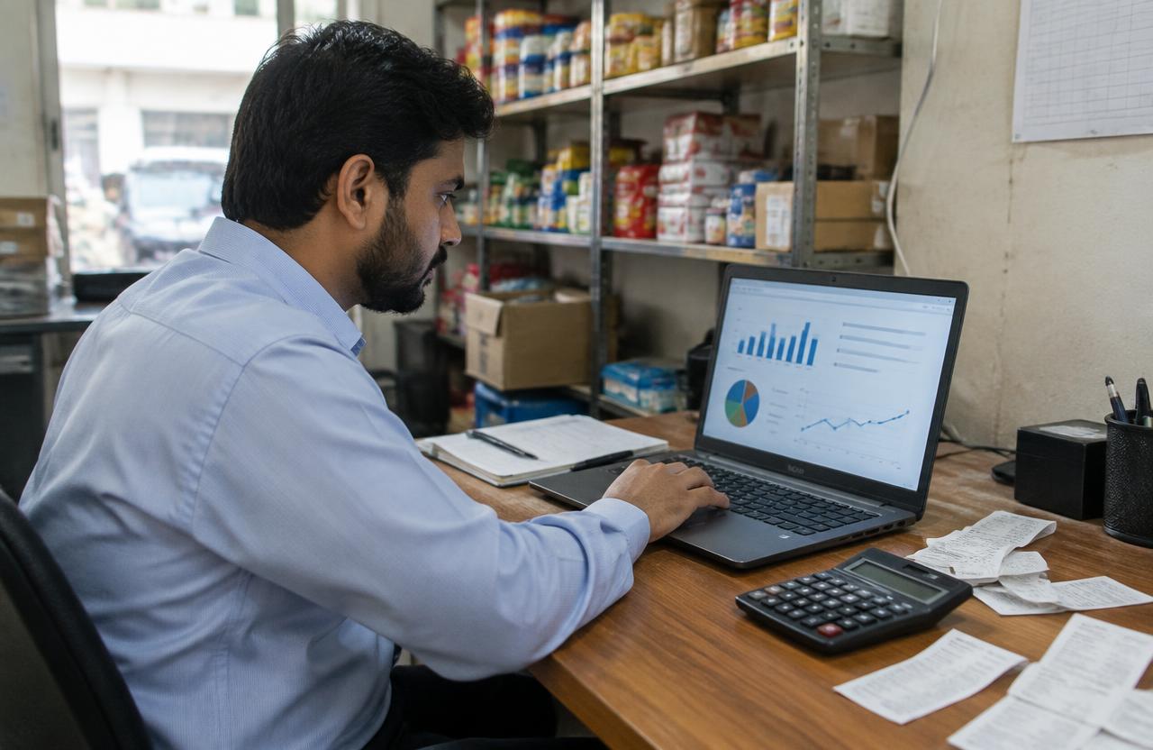 Accountant working on a laptop with charts and receipts on his desk