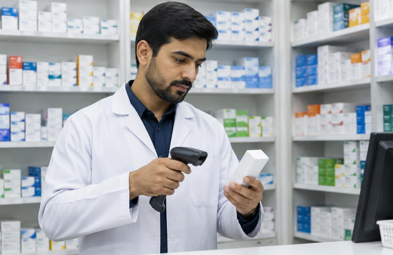 Pharmacist scanning a medicine box in front of pharmacy shelves