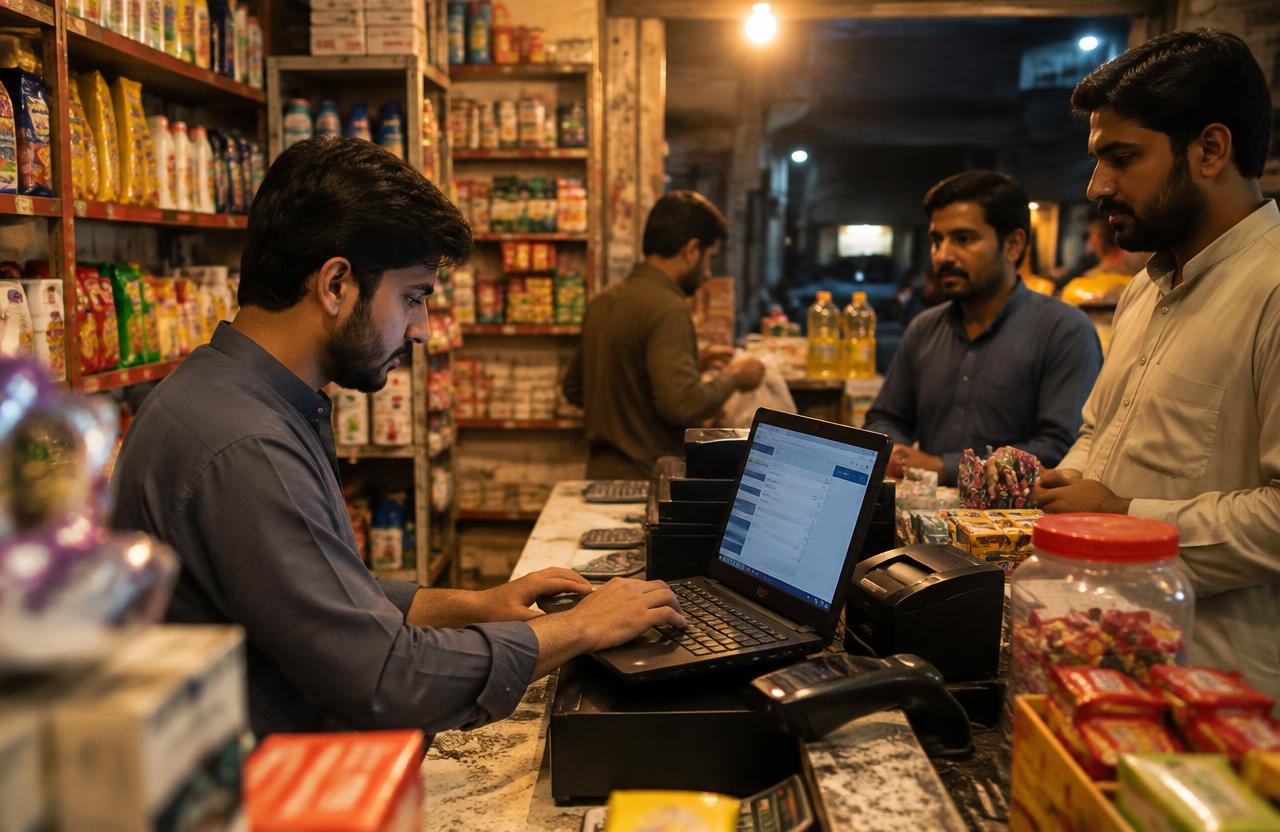 Cashier billing customers on a laptop in a busy kiryana store at night