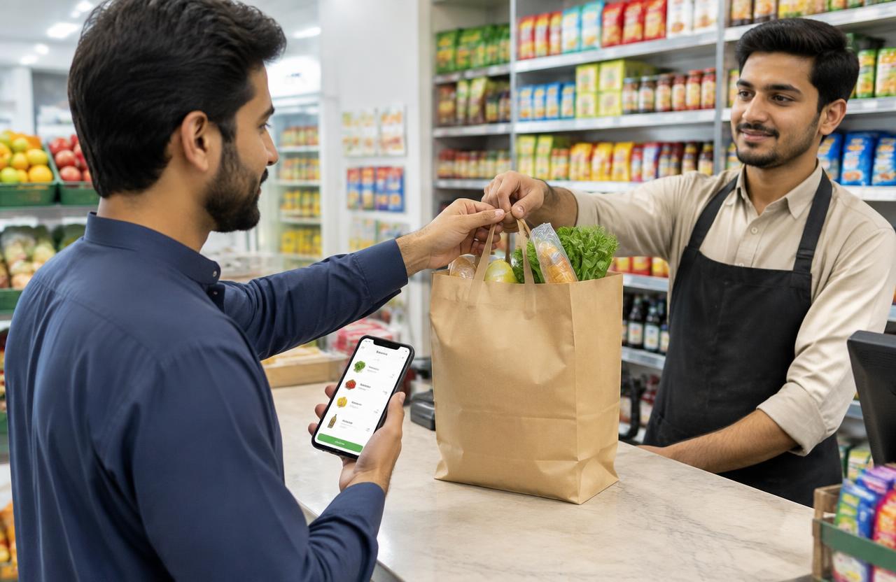 Customer collecting a packed grocery bag after ordering on his phone