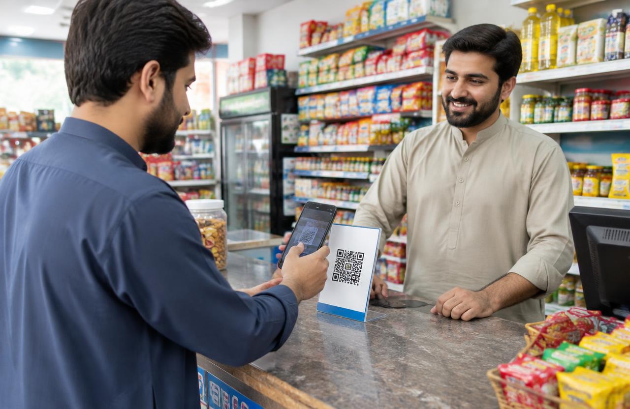 Customer paying by scanning a QR code with his phone at a shop counter