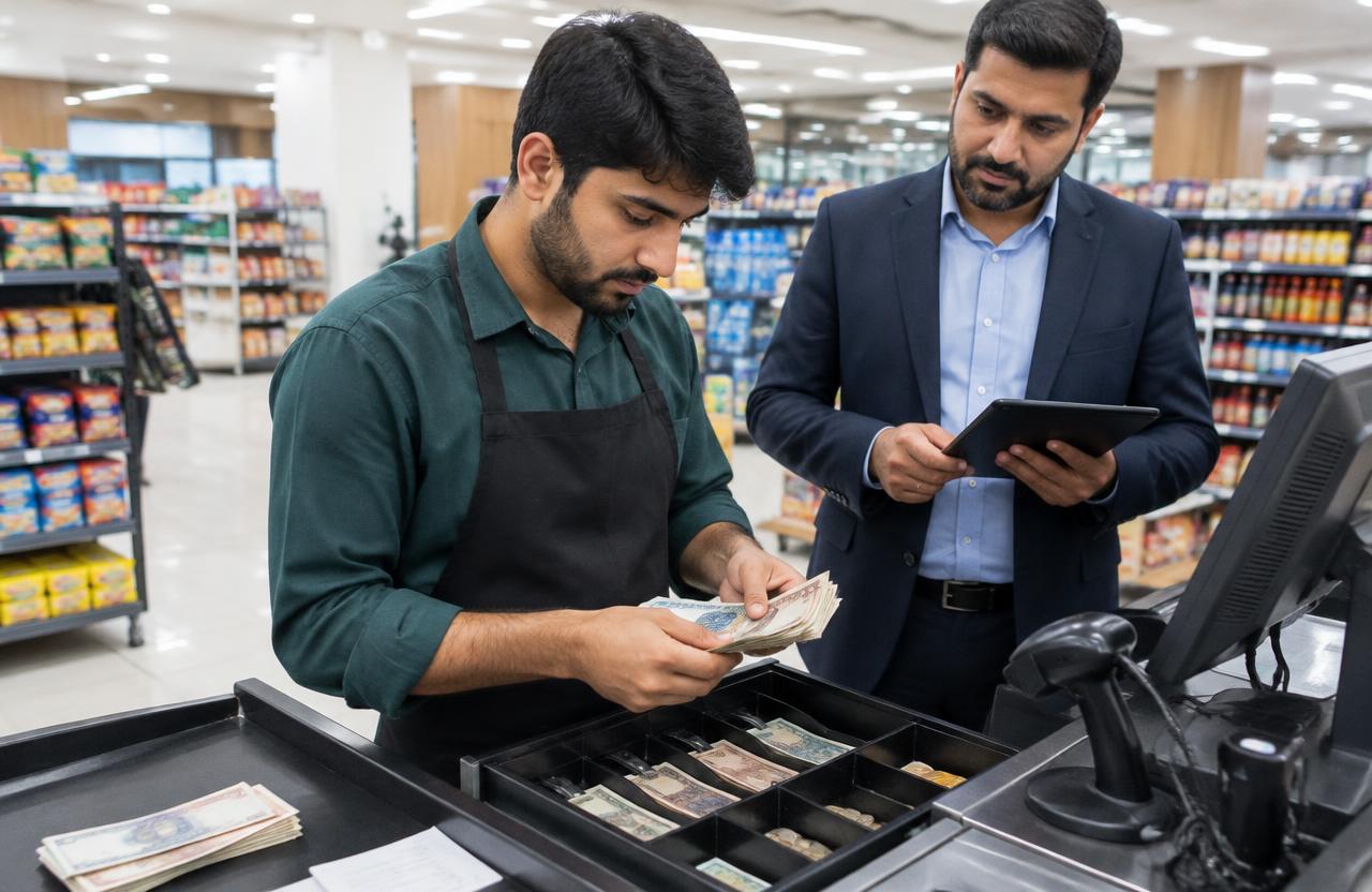 Cashier counting rupee notes at a cash drawer while a manager watches