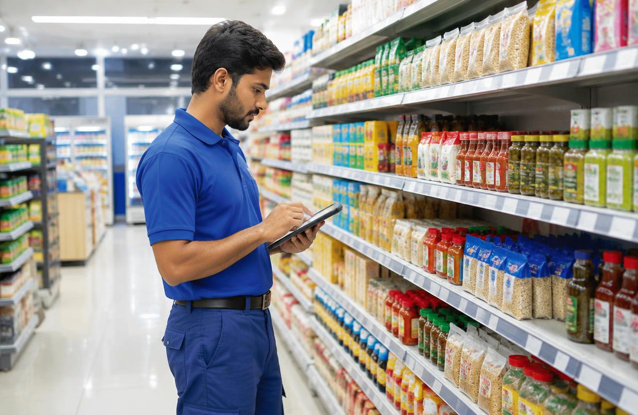 Store worker checking supermarket shelves with a tablet