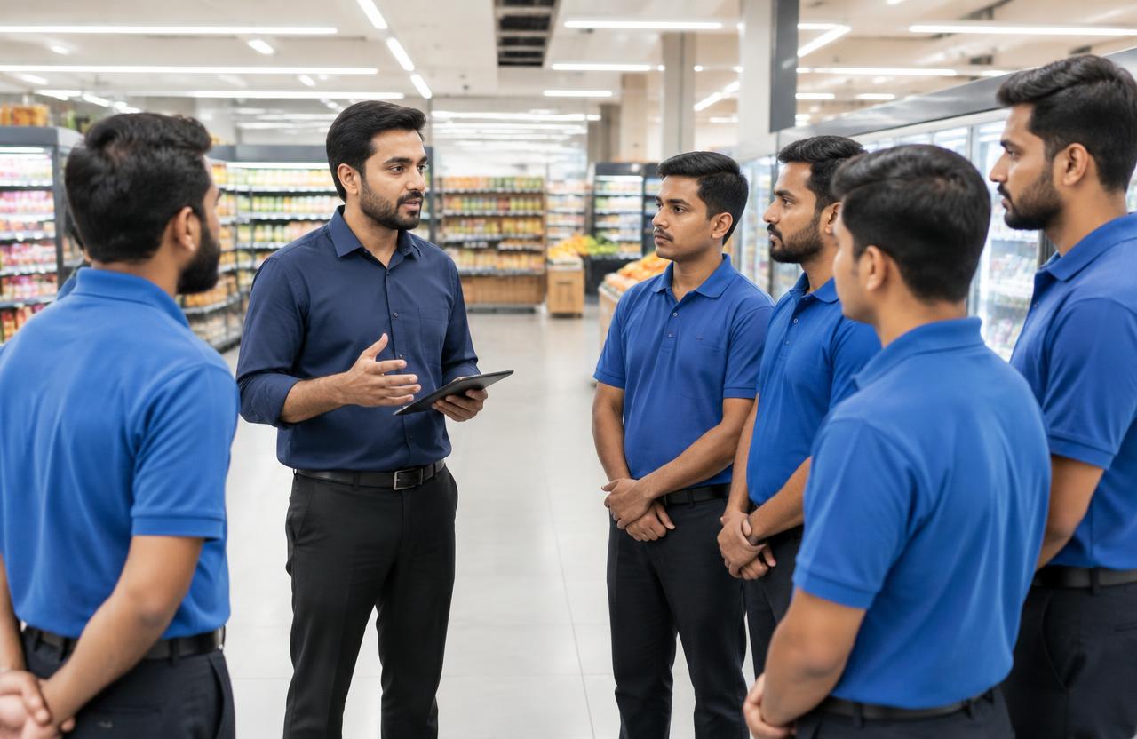 Store manager briefing his team of staff before opening