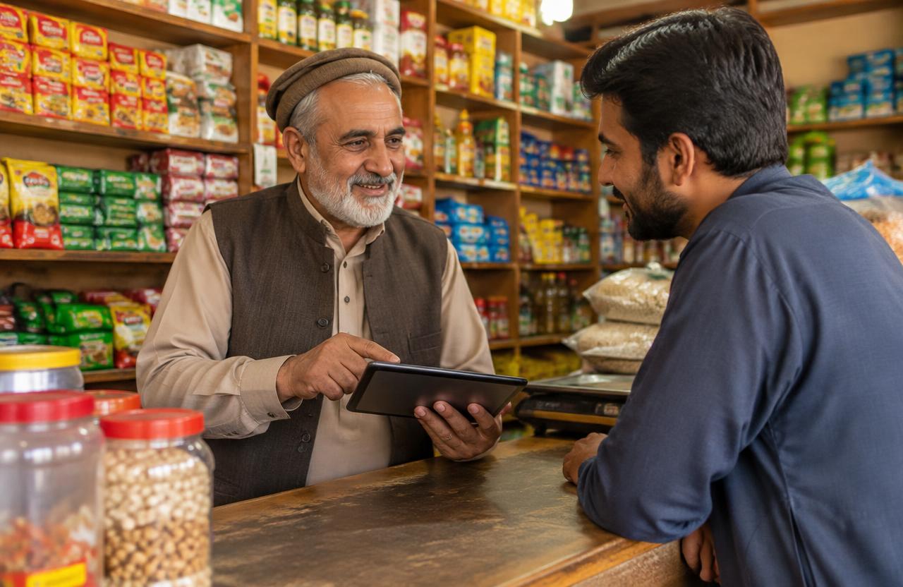 Elderly shopkeeper showing a customer his account on a tablet