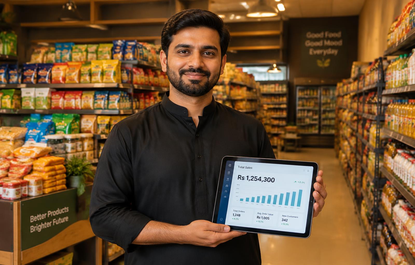 Store owner holding a tablet showing his sales dashboard in rupees