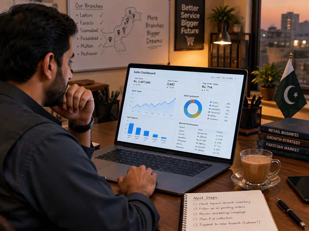 Business owner reviewing a multi-branch sales dashboard on a laptop